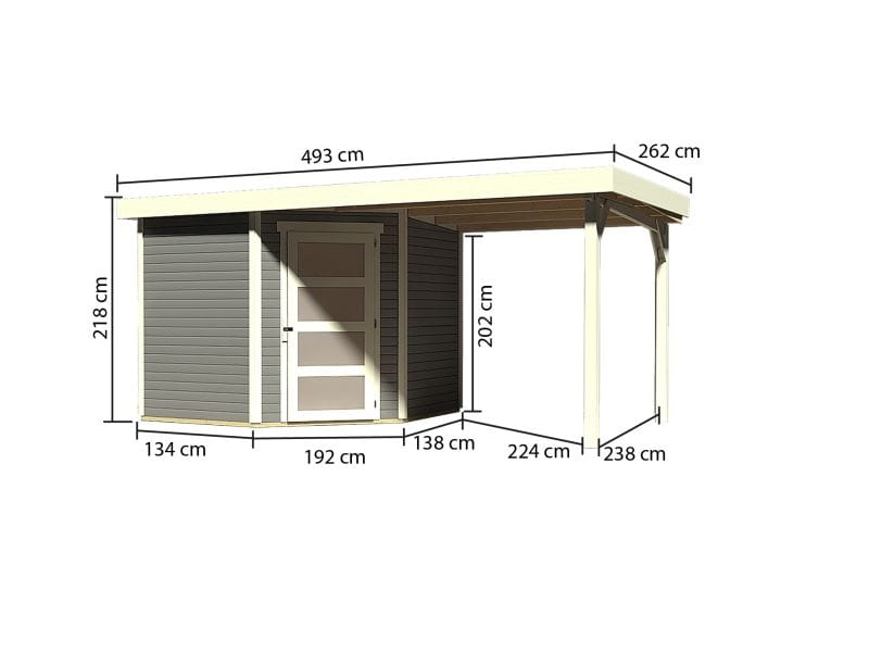 Karibu Gartenhaus Schwandorf 5 terragrau mit Anbaudach 2,25 Meter