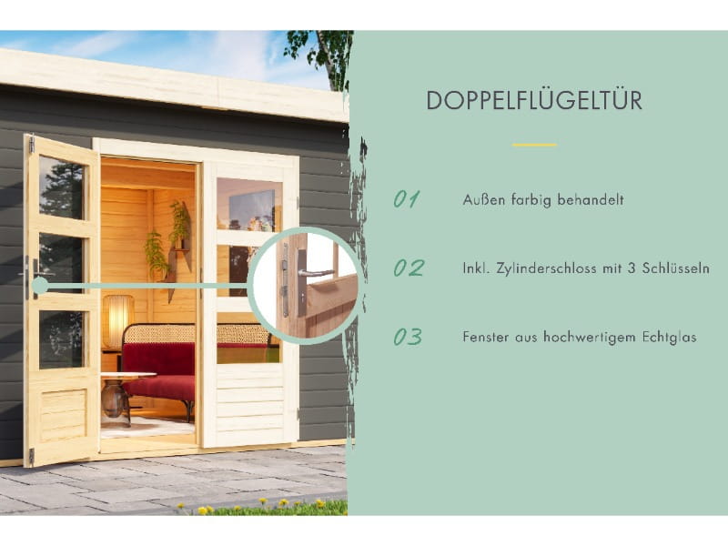 Karibu Gartenhaus Theres 7 terragrau- 2 Dachbausbauelemente