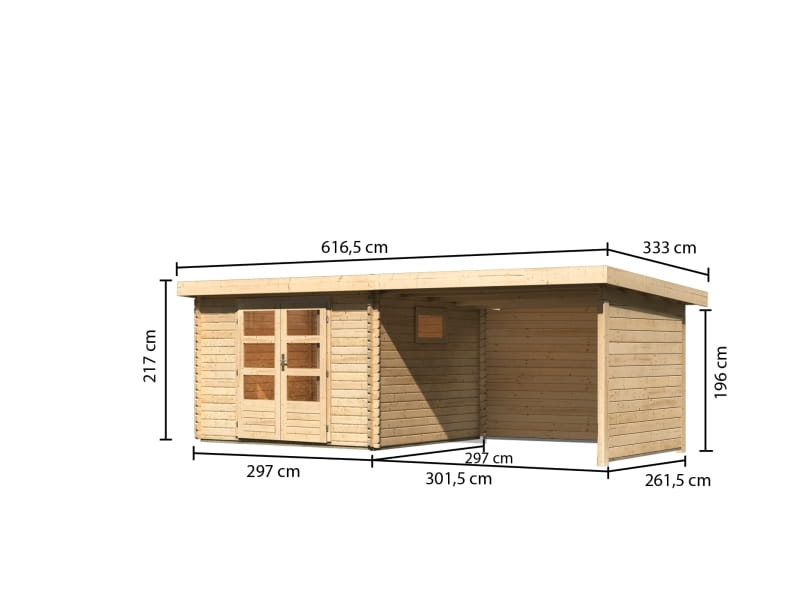 Karibu Gartenhaus Trittau 3 natur mit Anbaudach 3,3 m inkl. Rück- und Seitenwand