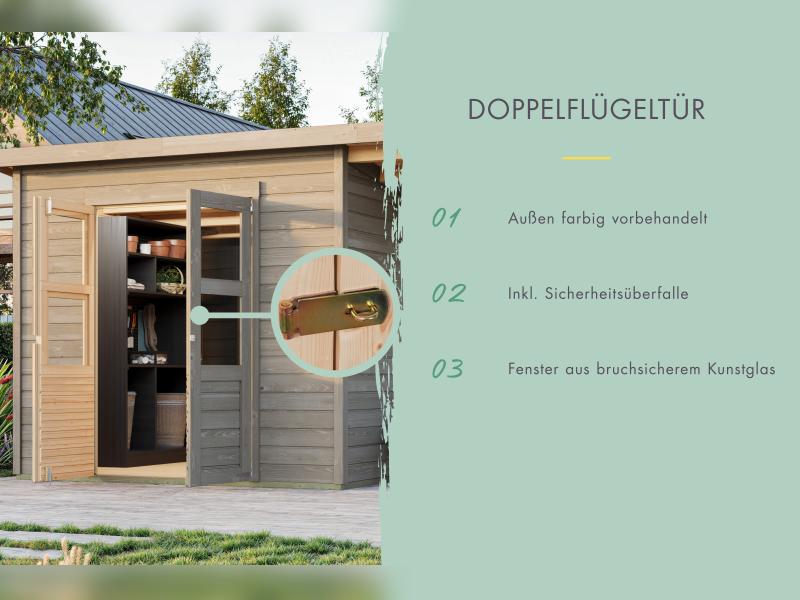 Karibu Gerätehaus Merseburg 3 SET mit Anbaudach, vorvergraut