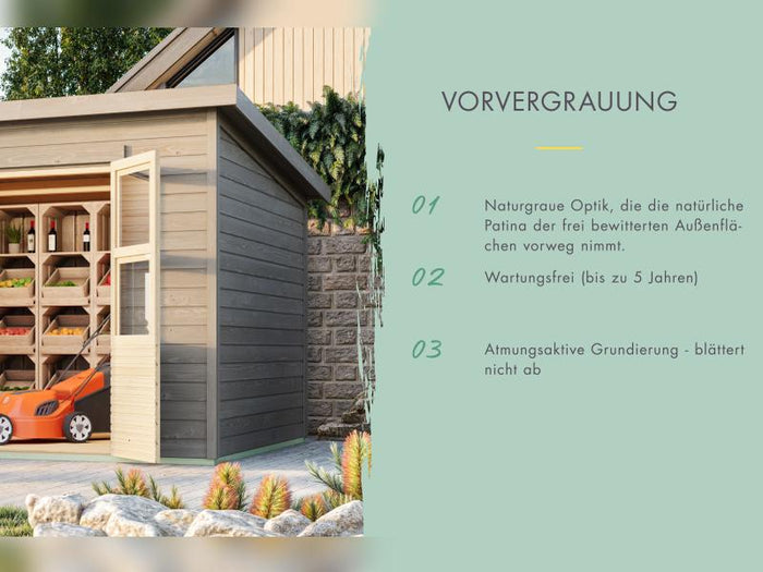 Karibu Gerätehaus Merseburg 5, vorvergraut, 14 mm