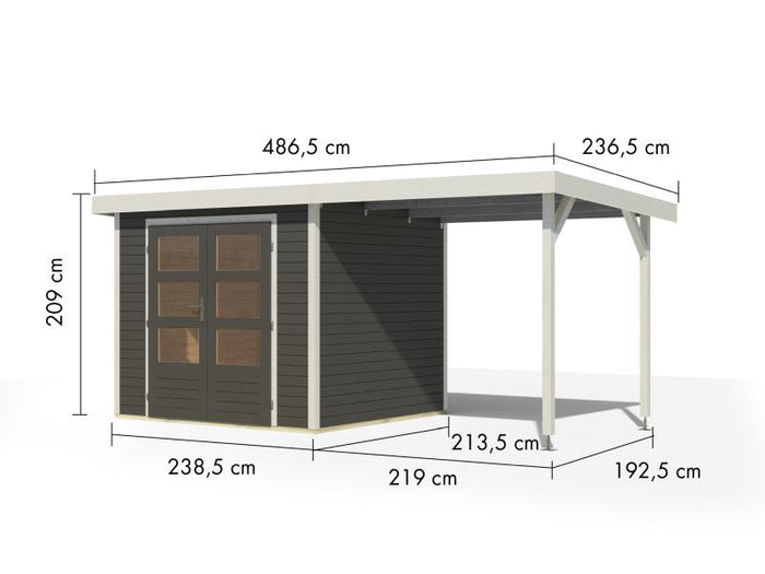 Karibu Hybrid Gartenhaus Jupiter 3 B terragrau/weiß inkl. 2,35 m Anbaudach