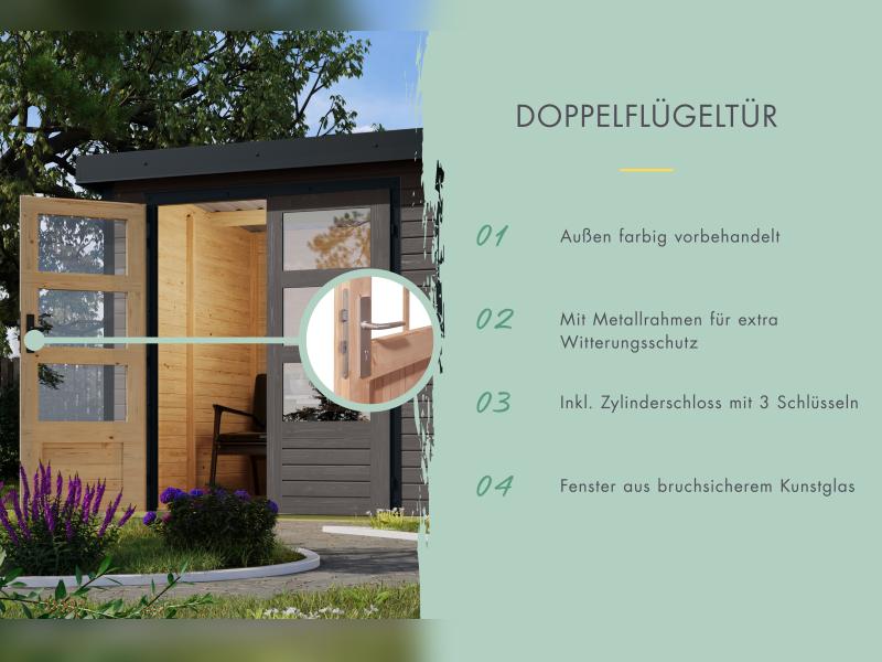 Karibu Hybrid Gartenhaus Jupiter 3 B terragrau/weiß inkl. 2,35 m Anbaudach