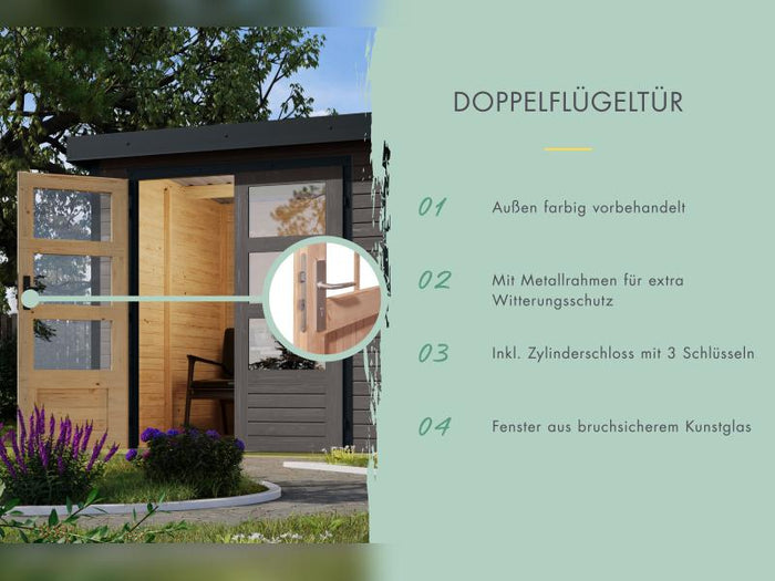Karibu Hybrid Gartenhaus Jupiter 3 B terragrau/weiß inkl. 2,35 m Anbaudach