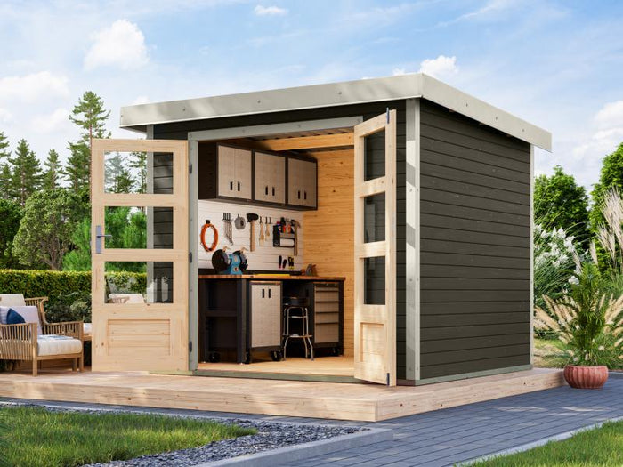 Karibu Hybrid Gartenhaus Jupiter 3 B terragrau/weiß