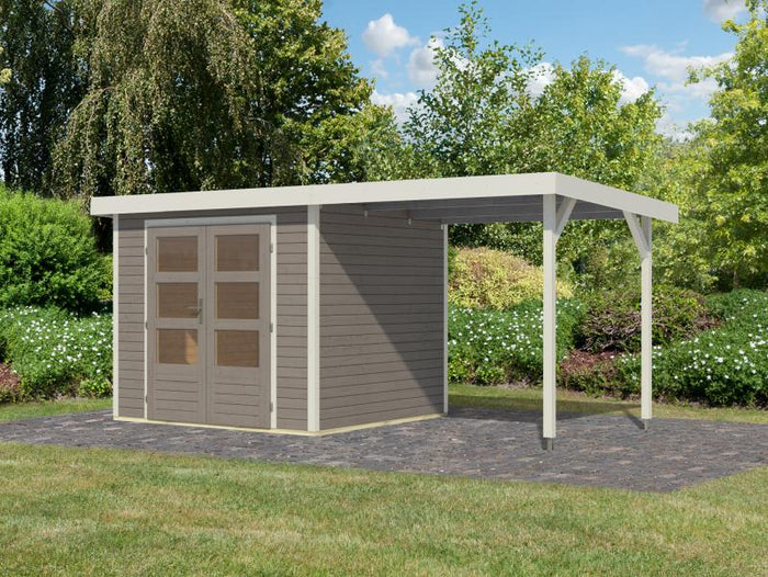 Karibu Hybrid Gartenhaus Jupiter 3 D wassergrau/weiß inkl. 2,35 m Anbaudach