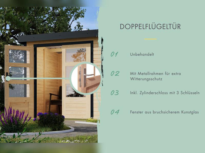 Karibu Hybrid Gartenhaus Jupiter 3 D wassergrau/weiß inkl. 2,35 m Anbaudach