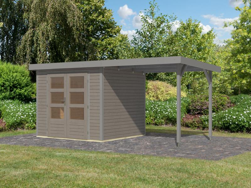 Karibu Hybrid Gartenhaus Jupiter 3 D wassergrau/graualuminium inkl. 2,35 m Anbaudach