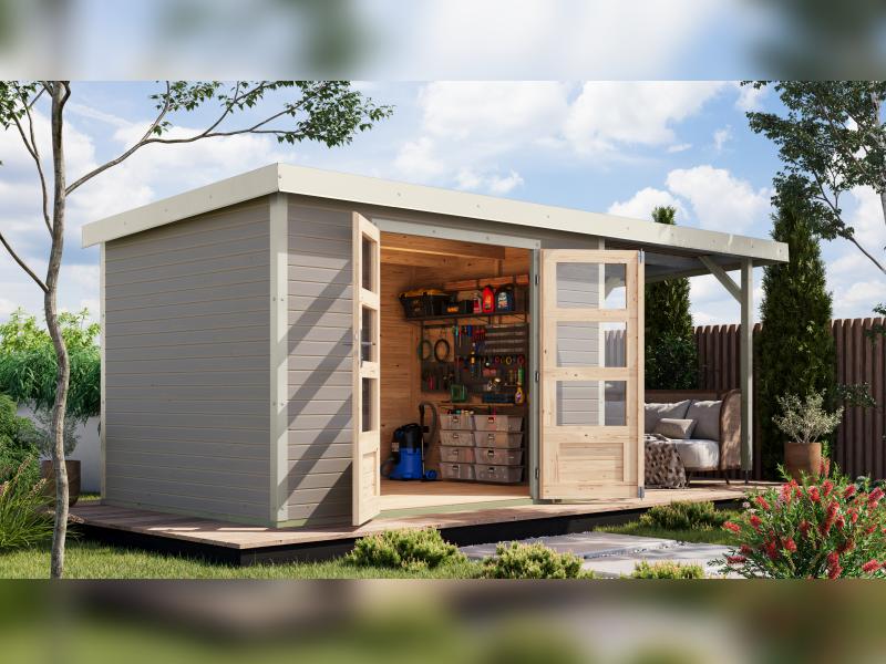 Karibu Hybrid Gartenhaus Jupiter 4 D wassergrau/weiß, inkl. 2,35 m Anbaudach