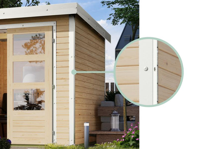 Karibu Hybrid Gartenhaus Jupiter 4 D wassergrau/weiß, inkl. 2,35 m Anbaudach
