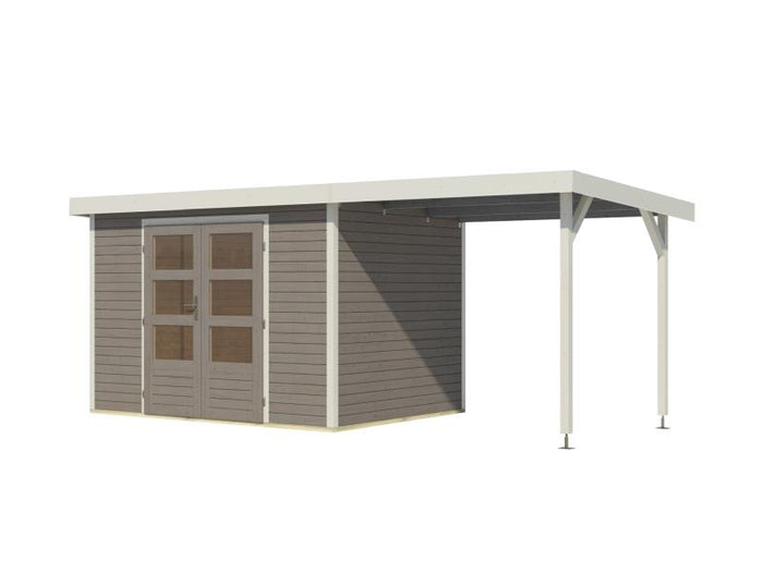 Karibu Hybrid Gartenhaus Jupiter 4 D wassergrau/weiß, inkl. 2,35 m Anbaudach