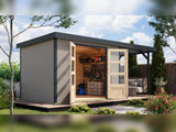 Karibu Hybrid Gartenhaus Jupiter 4 D wassergrau/anthrazit, inkl. 2,35 m Anbaudach