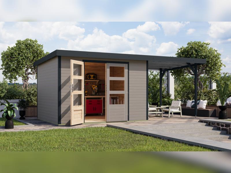 Karibu Hybrid Gartenhaus Jupiter 5 D wassergrau/anthrazit, inkl. 2,35 m Anbaudach