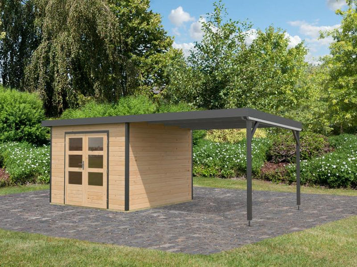 Karibu Hybrid Gartenhaus Pluto 6 A, naturbelassen/anthrazit inkl. 3 m Anbaudach