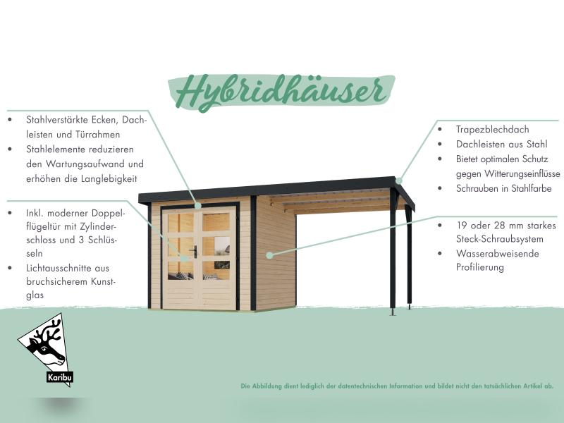 Karibu Hybrid Gartenhaus Pluto 6 A, naturbelassen/anthrazit inkl. 3 m Anbaudach