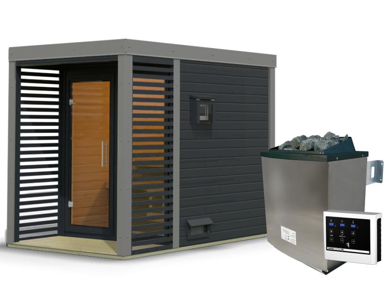 Karibu Hybrid Saunahaus Ares 1, anthrazit/staubgrau -inkl. 9 kW Ofen ext. Steuerung-