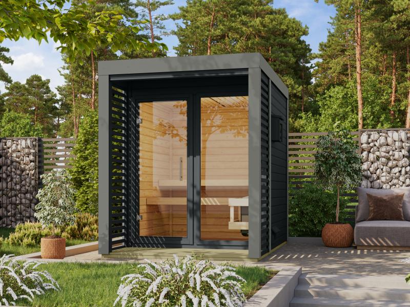 Karibu Hybrid Saunahaus Ares 1, anthrazit/staubgrau -inkl. 9 kW Ofen ext. Steuerung-