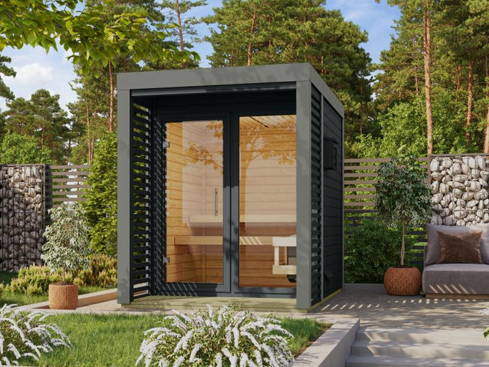 Karibu Hybrid Saunahaus Ares 1, anthrazit/staubgrau -inkl. 9 kW Ofen ext. Steuerung-