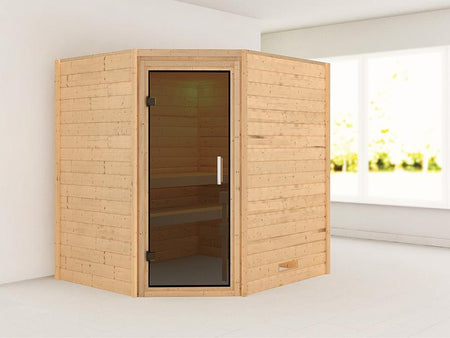 Karibu Massivholzsauna Mia 38 mm mit moderner Saunatür, ohne Dachkranz