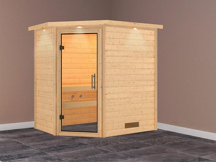 Karibu Massivholzsauna Svea 38 mm mit Klarglas Ganzglastür, mit Dachkranz