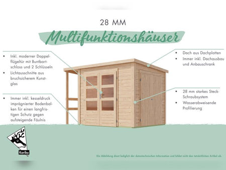 Karibu Multifunktionshaus Pultdach mit Schrank und Anbaudach 28 mm