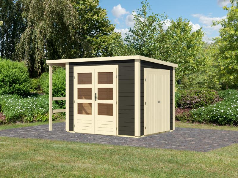 Karibu Multifunktionshaus Pultdach mit Schrank und Anbaudach 28 mm, terragrau