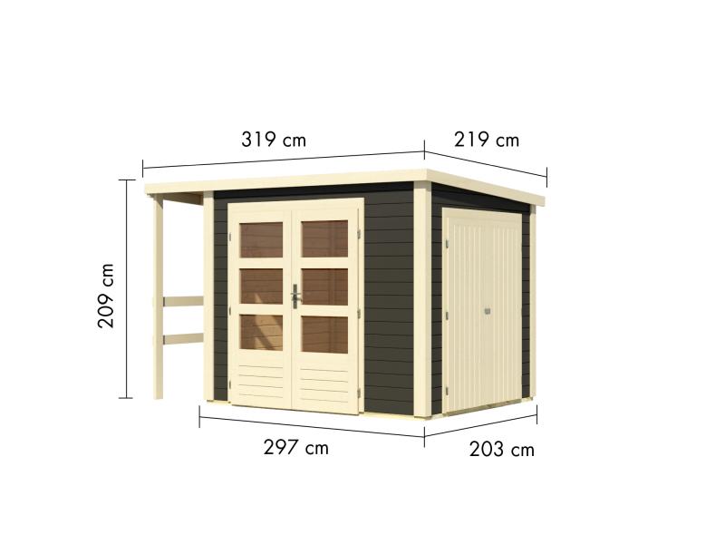 Karibu Multifunktionshaus Pultdach mit Schrank und Anbaudach 28 mm, terragrau