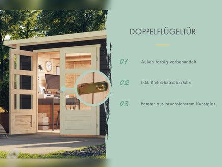 Karibu Multifunktionshaus Pultdach mit Schrank und Anbaudach 19 mm, terragrau