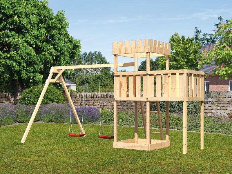 Karibu Ritterburg Löwenherz + Doppelschaukel + Anbauplattform
