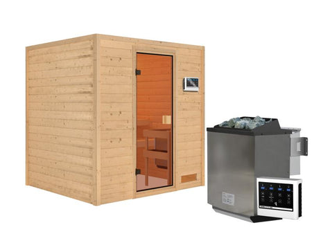 Karibu Sauna Adelina inkl. 9 kW Bioofen ext. Steuerung mit klassischer Saunatür -ohne Dachkranz-