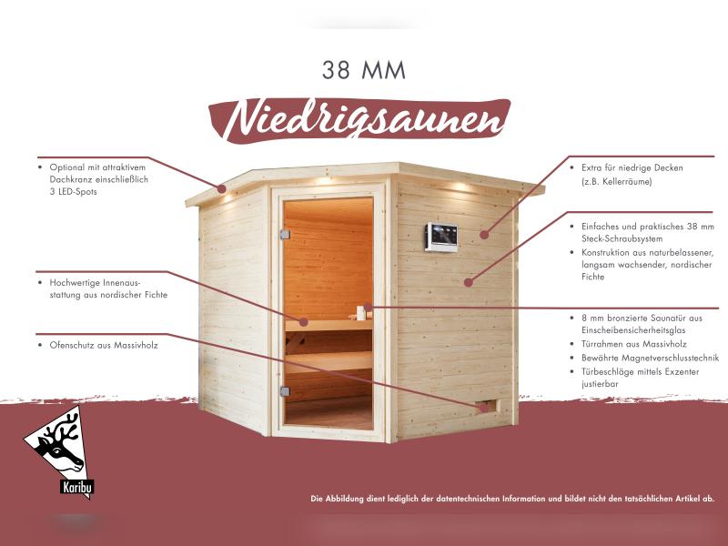 Karibu Sauna Adelina inkl. 9 kW Ofen integr. Steuerung mit klassischer Saunatür -ohne Dachkranz-