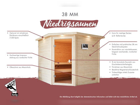 Karibu Sauna Adelina inkl. 9 kW Ofen integr. Steuerung mit klassischer Saunatür -mit Dachkranz-