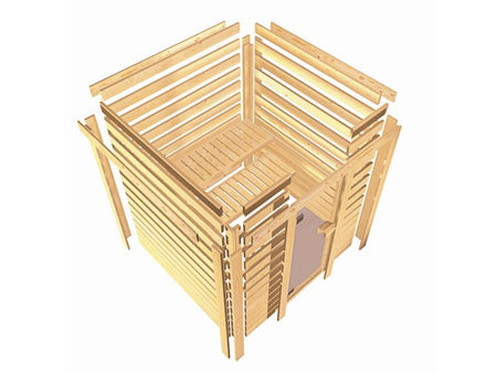 Karibu Sauna Adelina inkl. 9 kW Ofen integr. Steuerung mit klassischer Saunatür -mit Dachkranz-