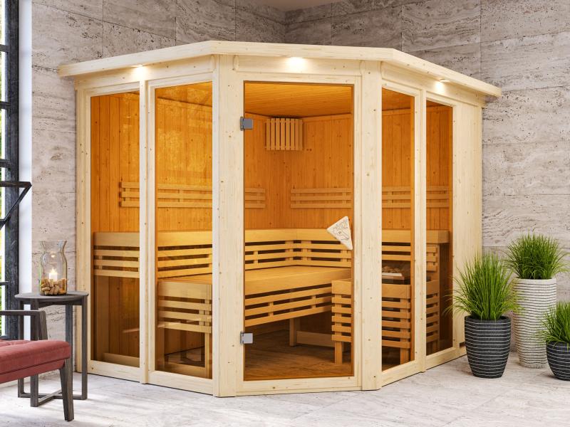 Karibu Sauna Ainur mit Dachkranz ohne Ofen 68 mm
