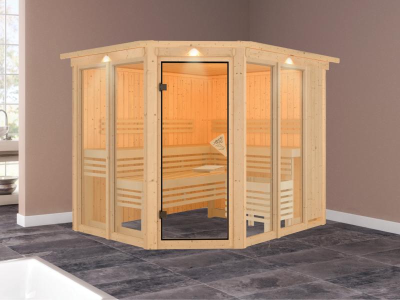 Karibu Sauna Ainur mit Dachkranz ohne Ofen 68 mm