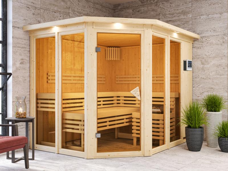 Karibu Sauna Ainur mit Dachkranz und 9 kW Bioofen Ext. Strg 68 mm