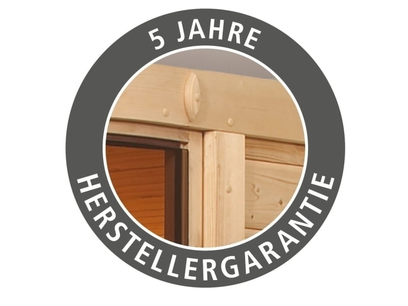 Karibu Sauna Ainur mit Dachkranz und 9 kW Ofen Integr. Strg 68 mm