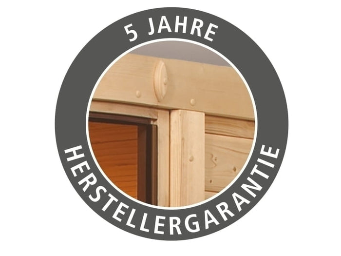 Karibu Sauna Ainur mit Dachkranz und 9 kW Ofen Integr. Strg 68 mm