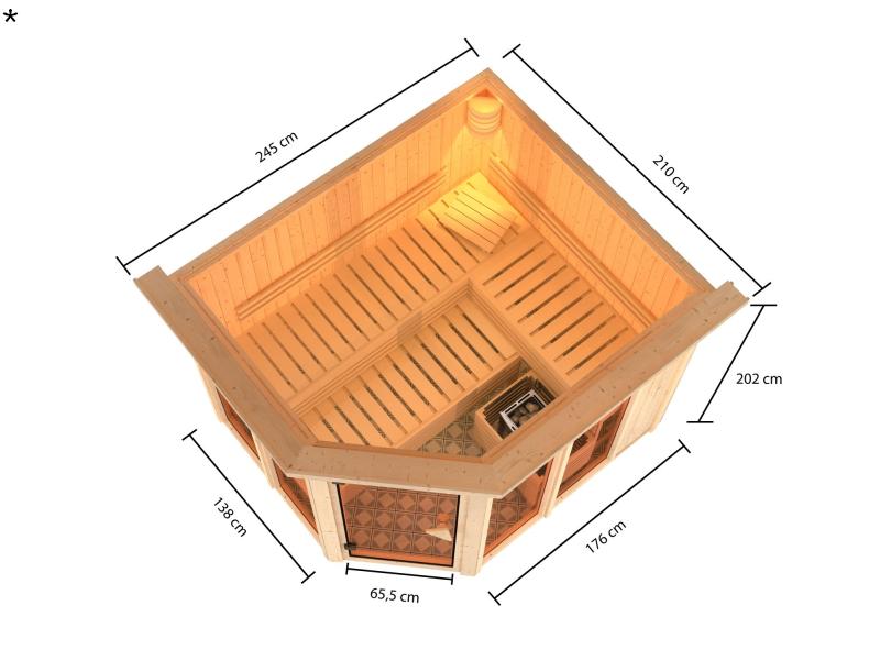 Karibu Sauna Ainur mit Dachkranz und 9 kW Ofen Integr. Strg 68 mm