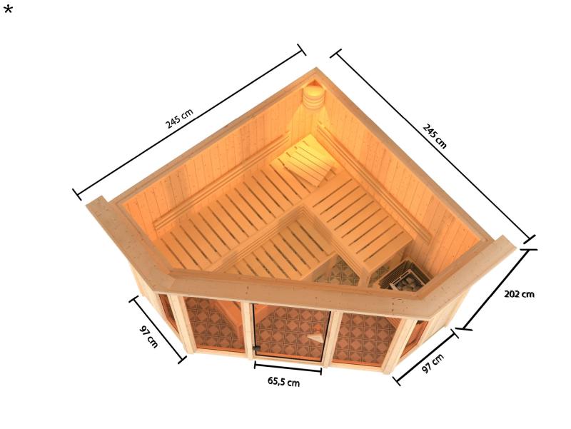 Karibu Sauna Alcinda mit Dachkranz- 9 kW Ofen Ext. Strg 68 mm