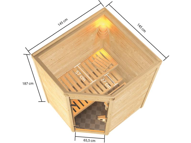 Karibu Sauna Antonia inkl. 9 kW Bioofen ext. Steuerung mit klassischer Saunatür -ohne Dachkranz-
