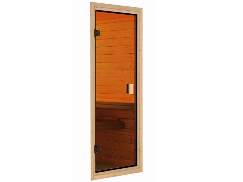 Karibu Sauna Antonia inkl. 9 kW Ofen integr. Steuerung mit klassischer Saunatür -mit Dachkranz-