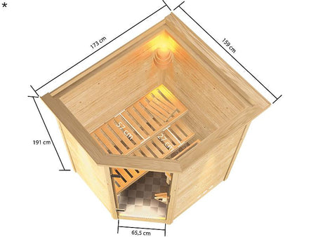 Karibu Sauna Antonia mit 3,6 kW Ofen ext. Strg und Dachkranz 38 mm