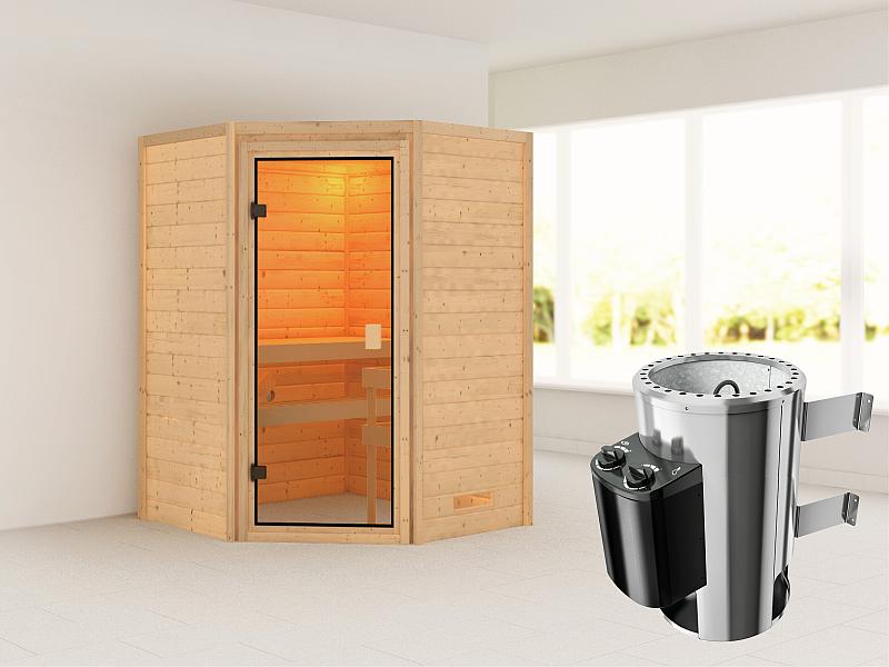 Karibu Sauna Antonia mit 3,6 kW Ofen integr. Strg ohne Dachkranz 38 mm