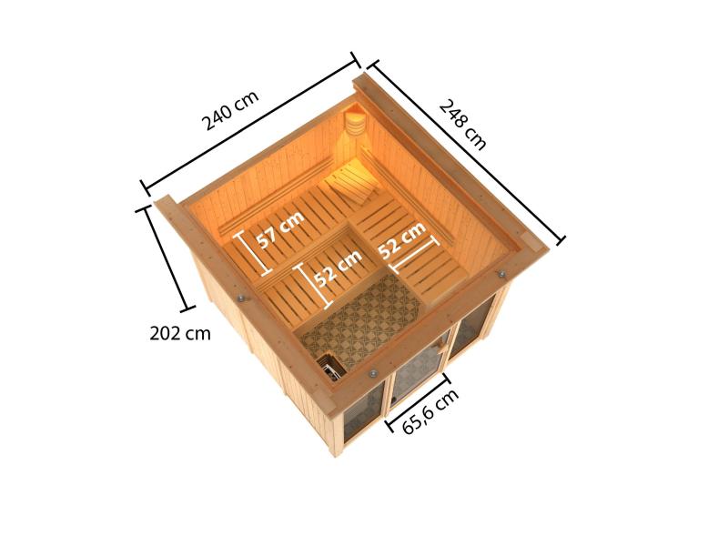 Karibu Sauna Askja 68 mm- 9 kW Bioofen ext.Strg- mit Dachkranz