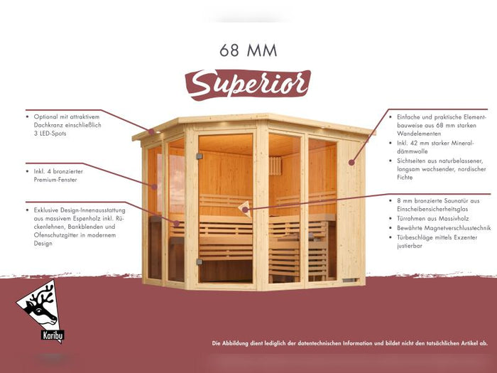 Karibu Sauna Avari 2 inkl. 3,6 kW Bioofen ext. Steuerung - ohne Dachkranz