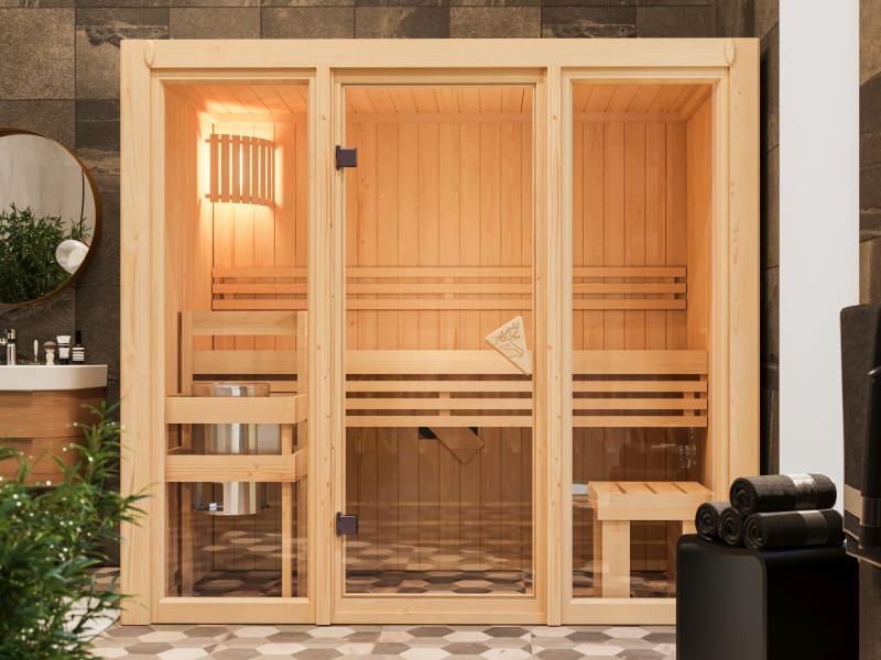 Karibu Sauna Avari 2 inkl. 3,6 kW Ofen intgr. Steuerung - ohne Dachkranz