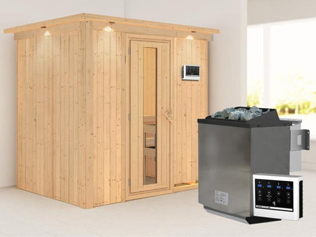 Karibu Sauna Bodin inkl. 9 kW Bioofen ext. Steuerung,mit energiesparender Saunatür - mit Dachkranz-