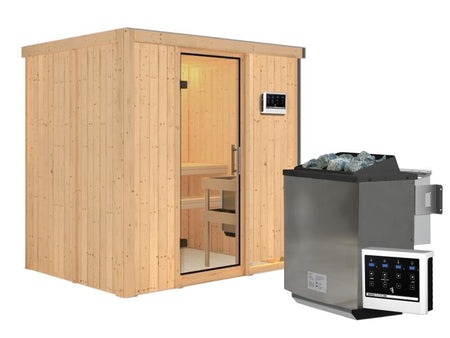 Karibu Sauna Bodin inkl. 9 kW Bioofen ext. Steuerung, mit Klarglas Ganzglastür -ohne Dachkranz-