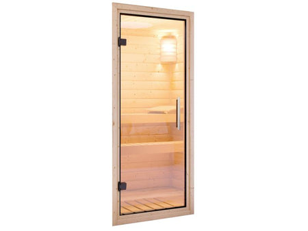 Karibu Sauna Bodin inkl. 9 kW Bioofen ext. Steuerung, mit Klarglas Ganzglastür -ohne Dachkranz-